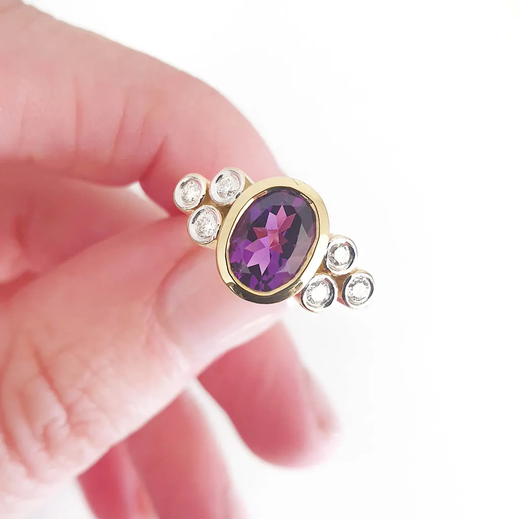 Oval Amethyst Ring with Double Diamond Trilogy Accents