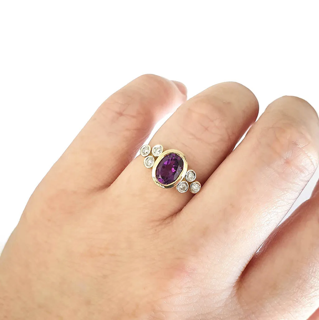 Oval Amethyst Ring with Double Diamond Trilogy Accents