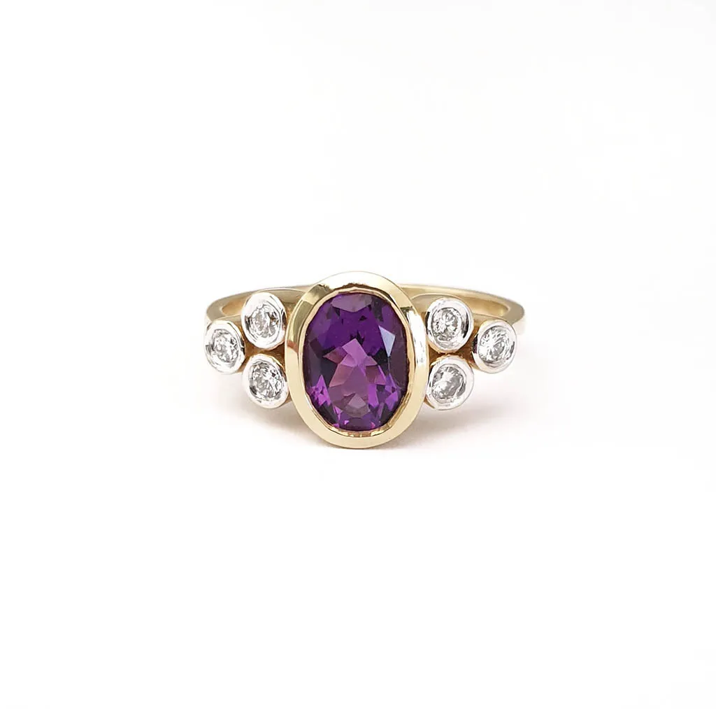 Oval Amethyst Ring with Double Diamond Trilogy Accents