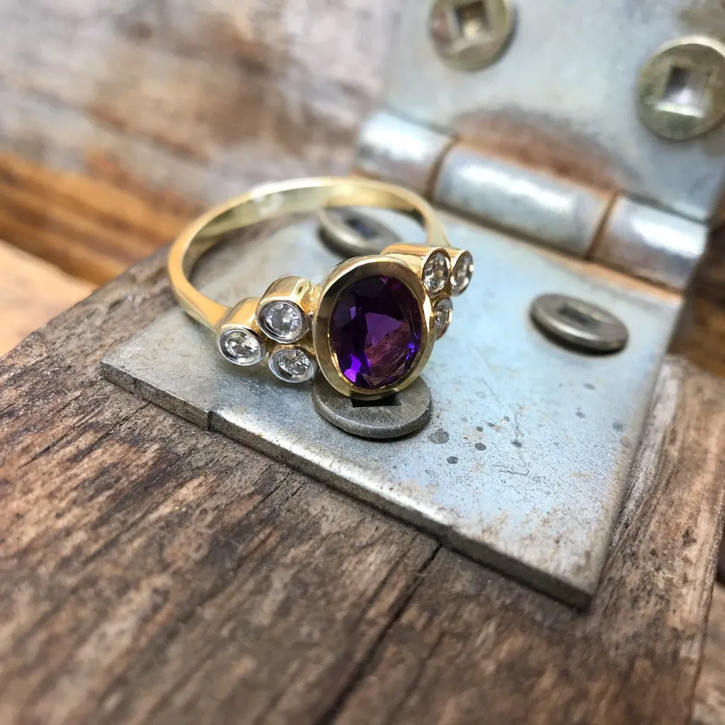 Oval Amethyst Ring with Double Diamond Trilogy Accents
