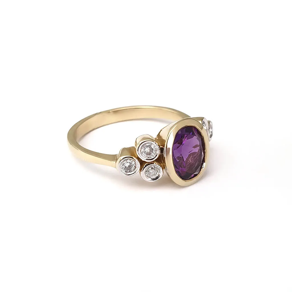 Oval Amethyst Ring with Double Diamond Trilogy Accents