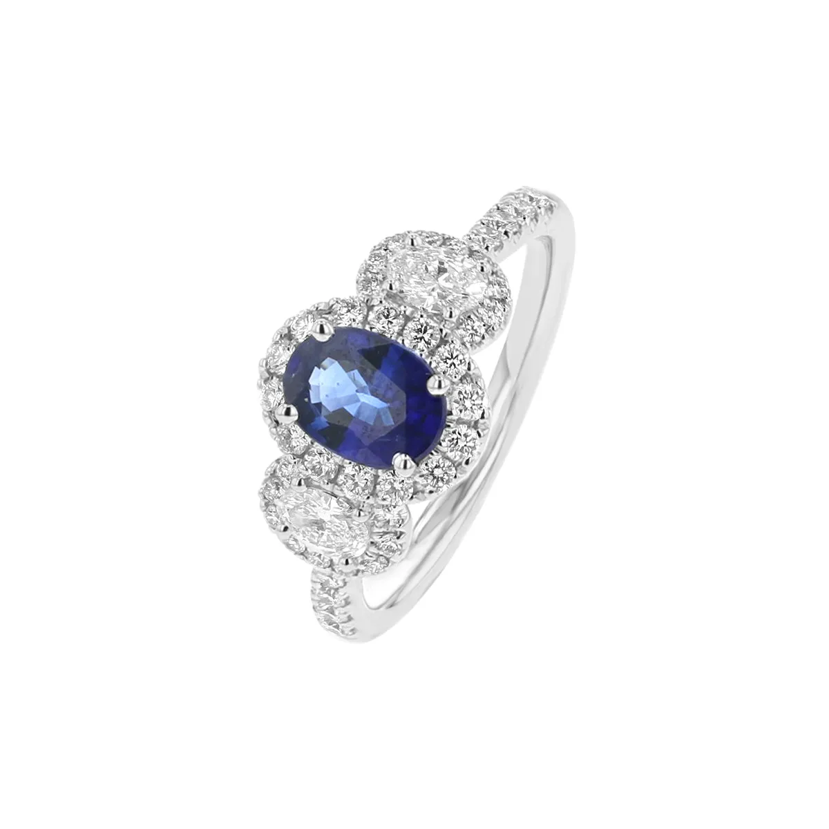 Oval Sapphire & Diamond Three Stone Halo Ring