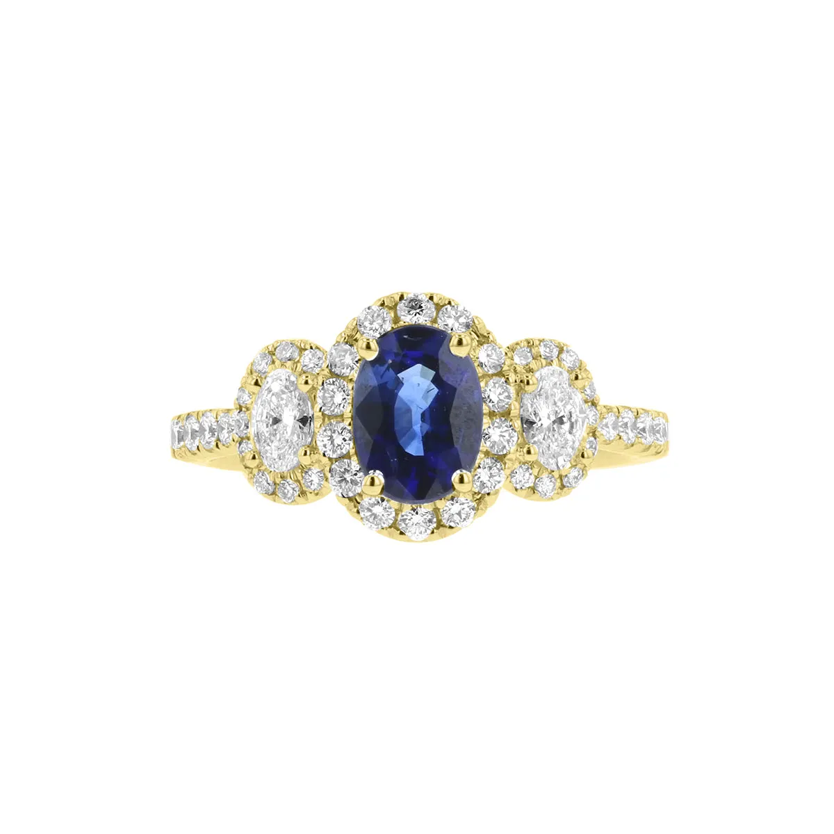 Oval Sapphire & Diamond Three Stone Halo Ring
