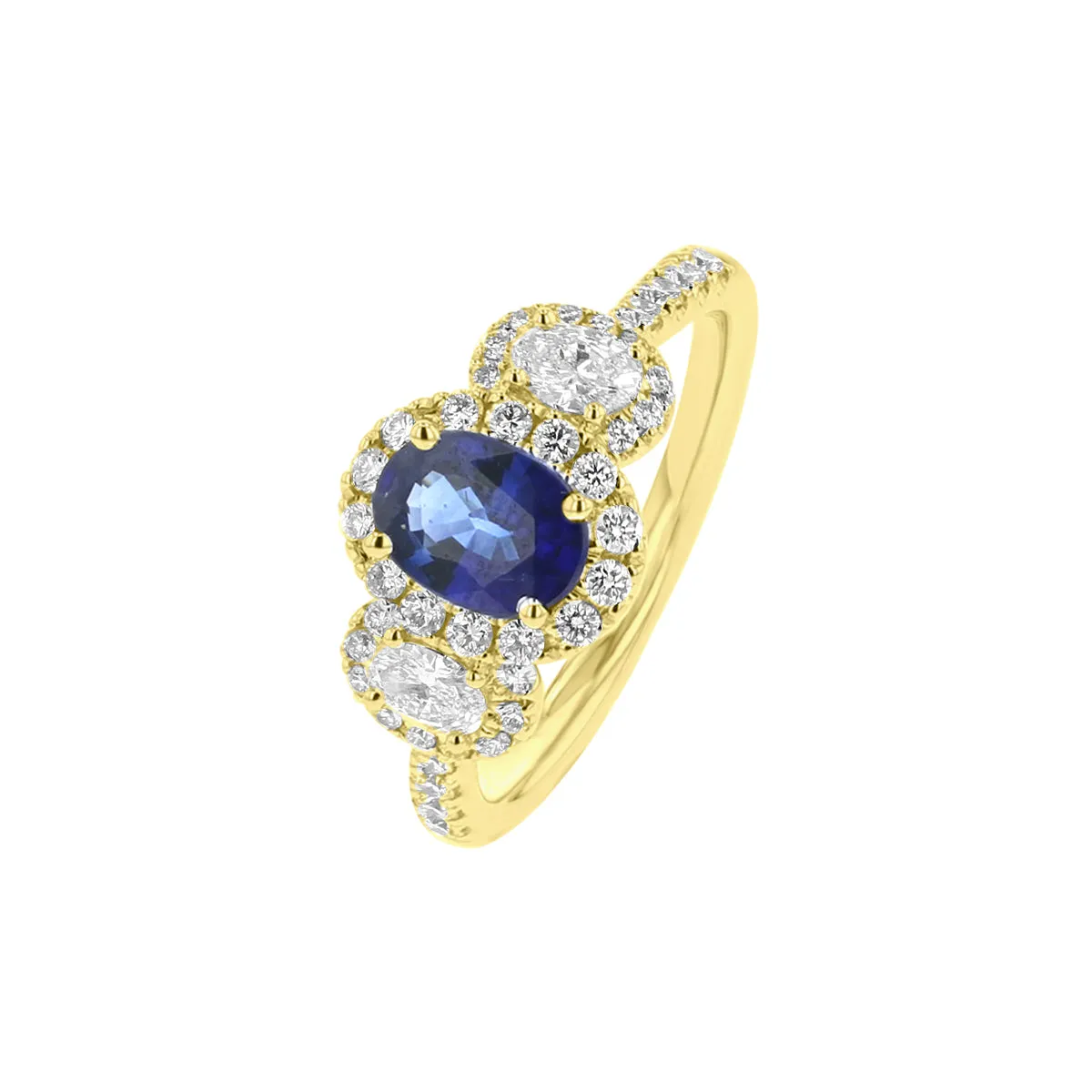 Oval Sapphire & Diamond Three Stone Halo Ring
