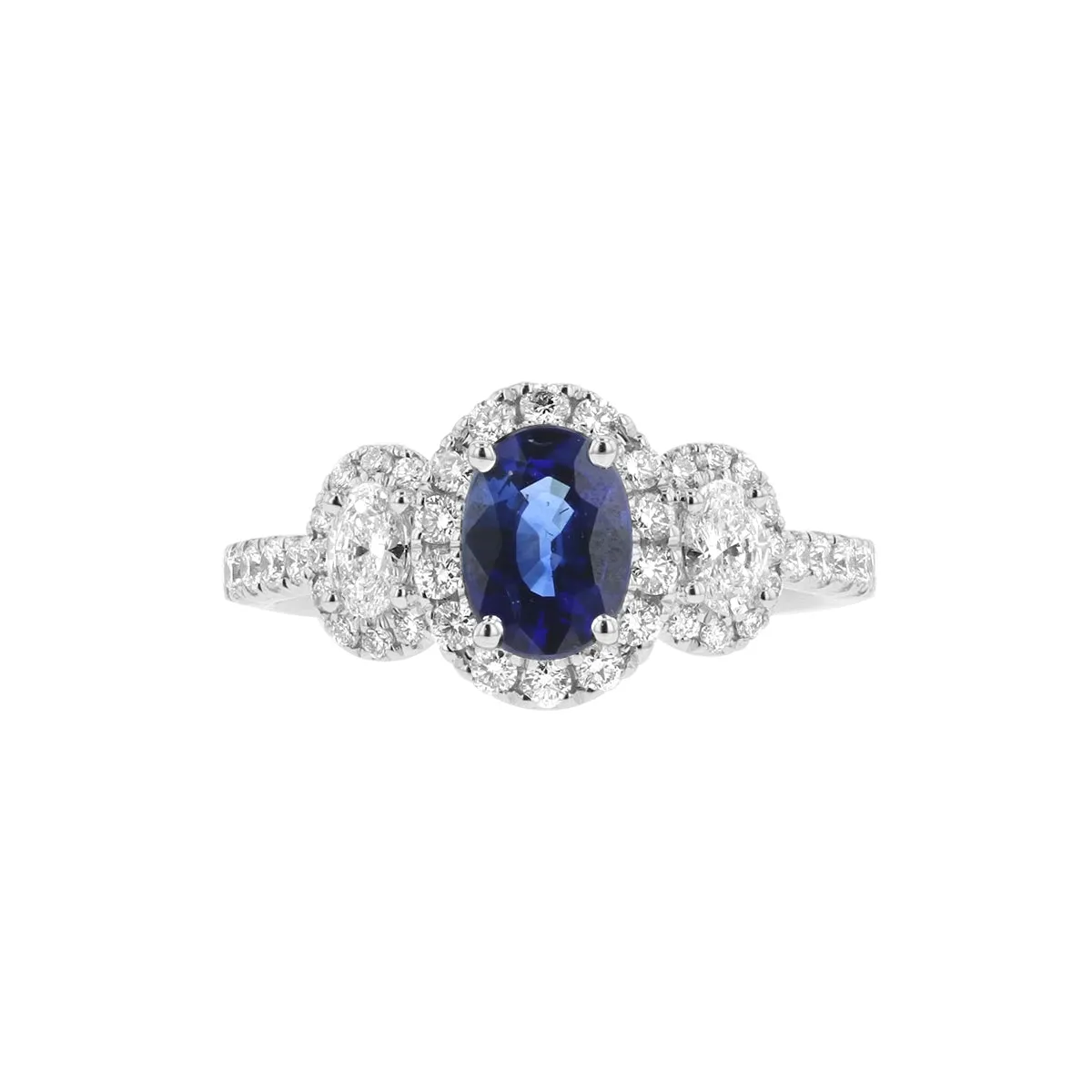 Oval Sapphire & Diamond Three Stone Halo Ring