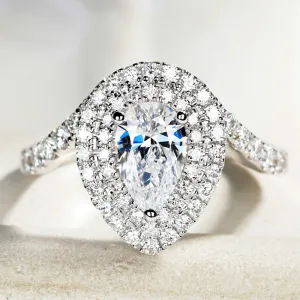 Pear Cut GIA Diamond Double Halo Engagement Ring