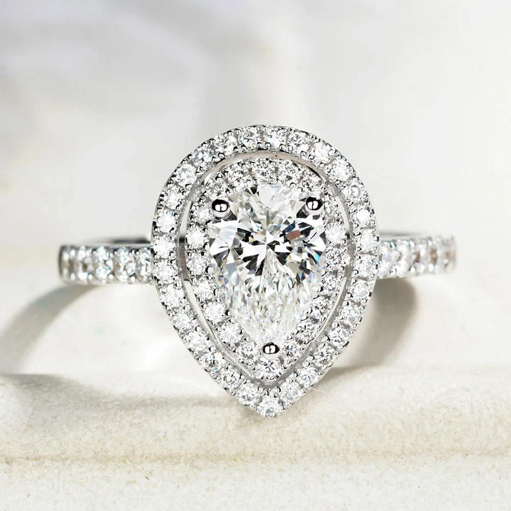 Pear Cut GIA Diamond Double Halo Engagement Ring