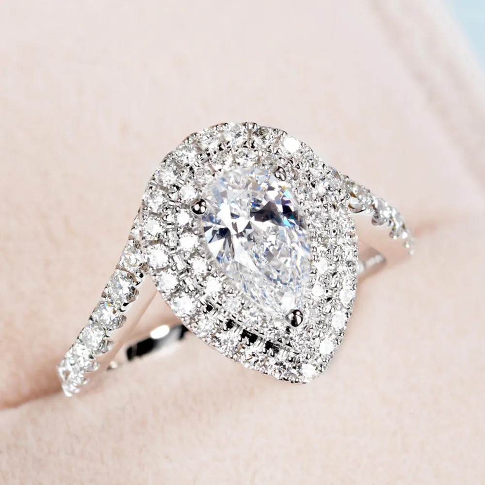 Pear Cut GIA Diamond Double Halo Engagement Ring