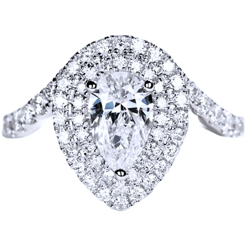 Pear Cut GIA Diamond Double Halo Engagement Ring