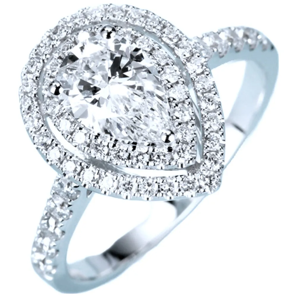 Pear Cut GIA Diamond Double Halo Engagement Ring