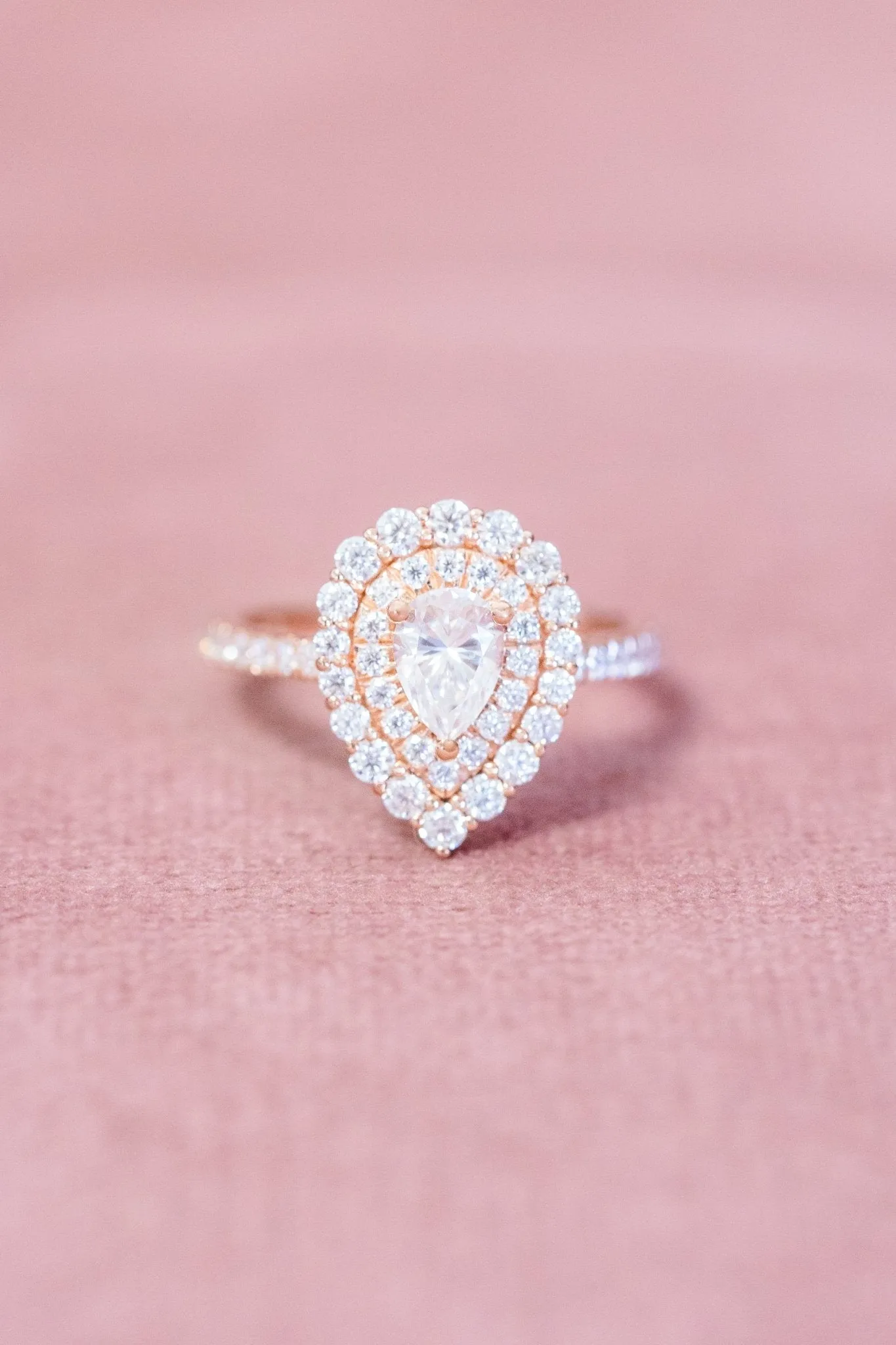 Pear Shaped Moissanite Ring Double Halo Intricate Filigree Design