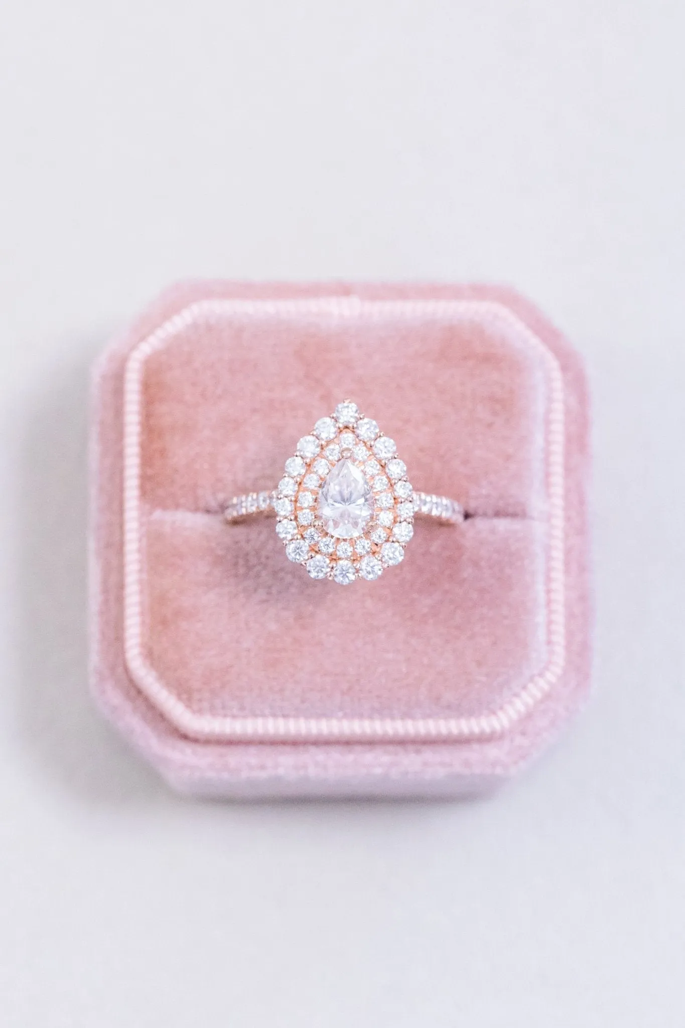 Pear Shaped Moissanite Ring Double Halo Intricate Filigree Design