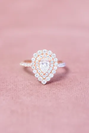 Pear Shaped Moissanite Ring Double Halo Intricate Filigree Design