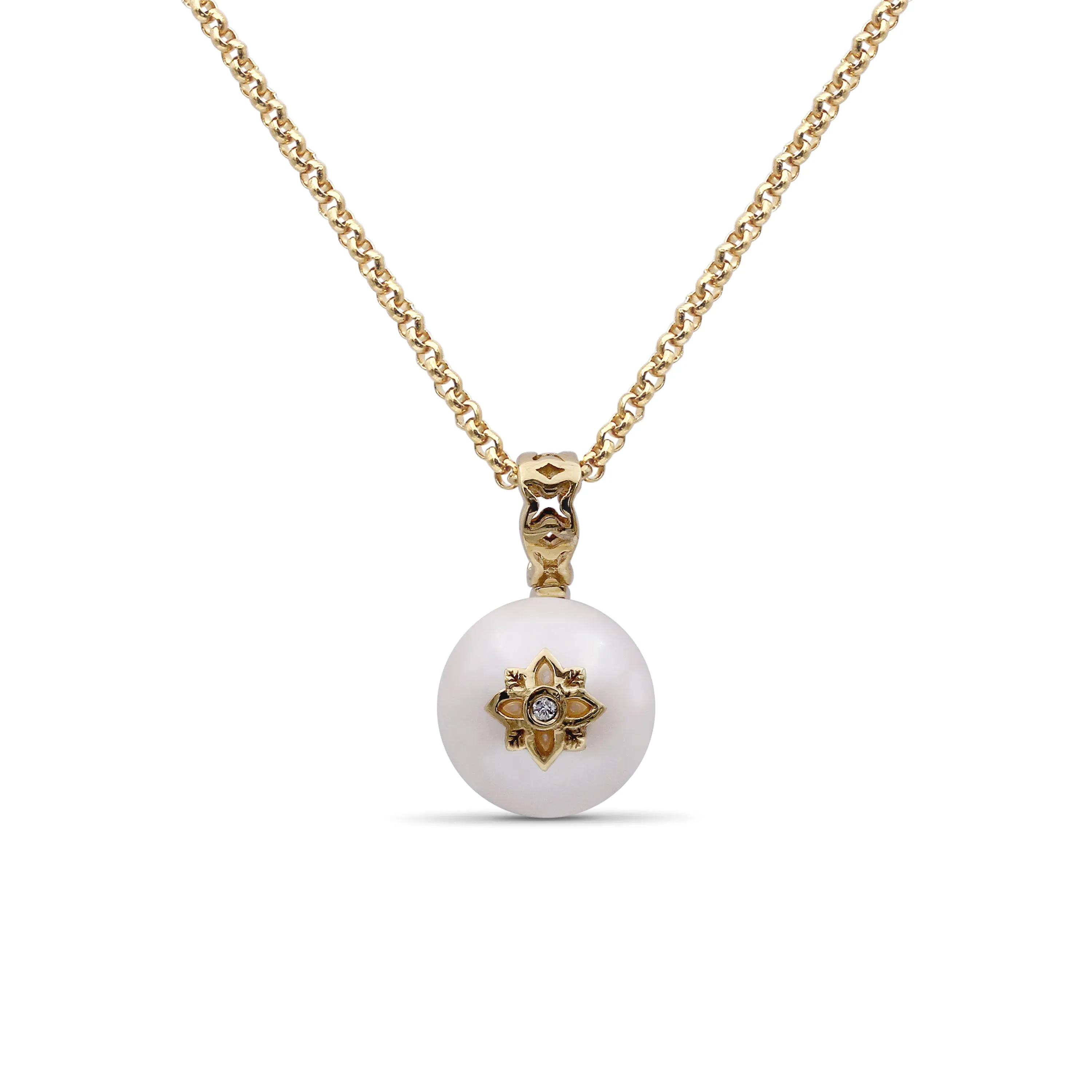 Pearlicious 10mm White Pearl and White Diamond Pendant in 18K Gold