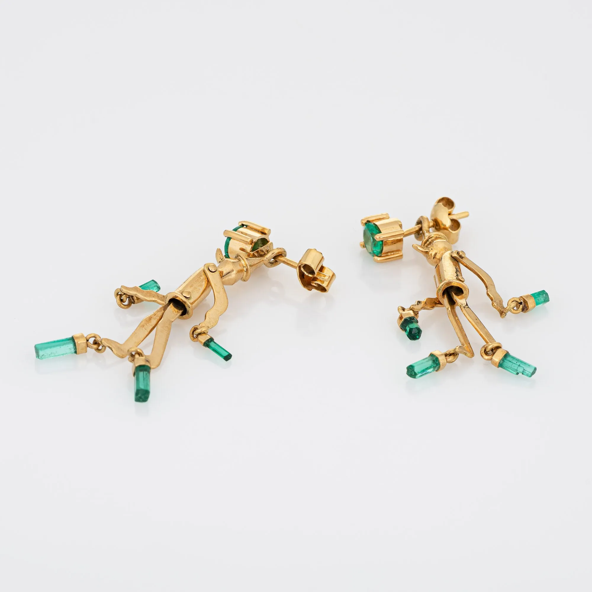 Pinocchio Emerald Earrings Articulated 18k Yellow Gold 1.25" Vintage Jewelry