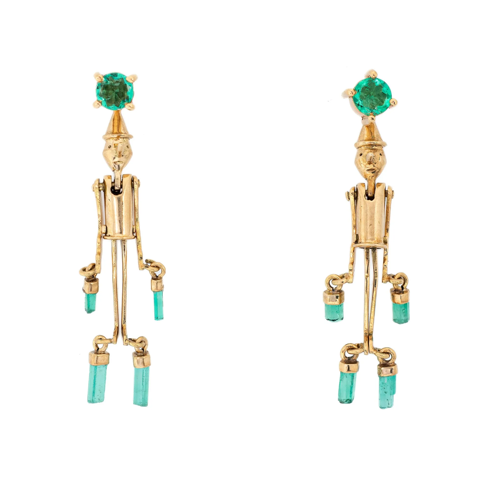 Pinocchio Emerald Earrings Articulated 18k Yellow Gold 1.25" Vintage Jewelry