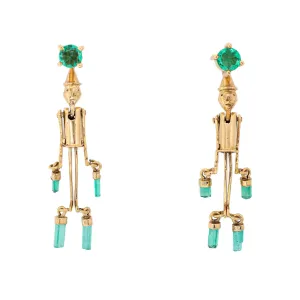 Pinocchio Emerald Earrings Articulated 18k Yellow Gold 1.25" Vintage Jewelry