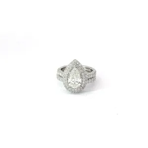 Platinum 1.53ct H VS2 Pear Shape Diamond/2.00ct E VS2 Micro Double Halo and Matching Wedding Bands Certified By GIA #6291807197