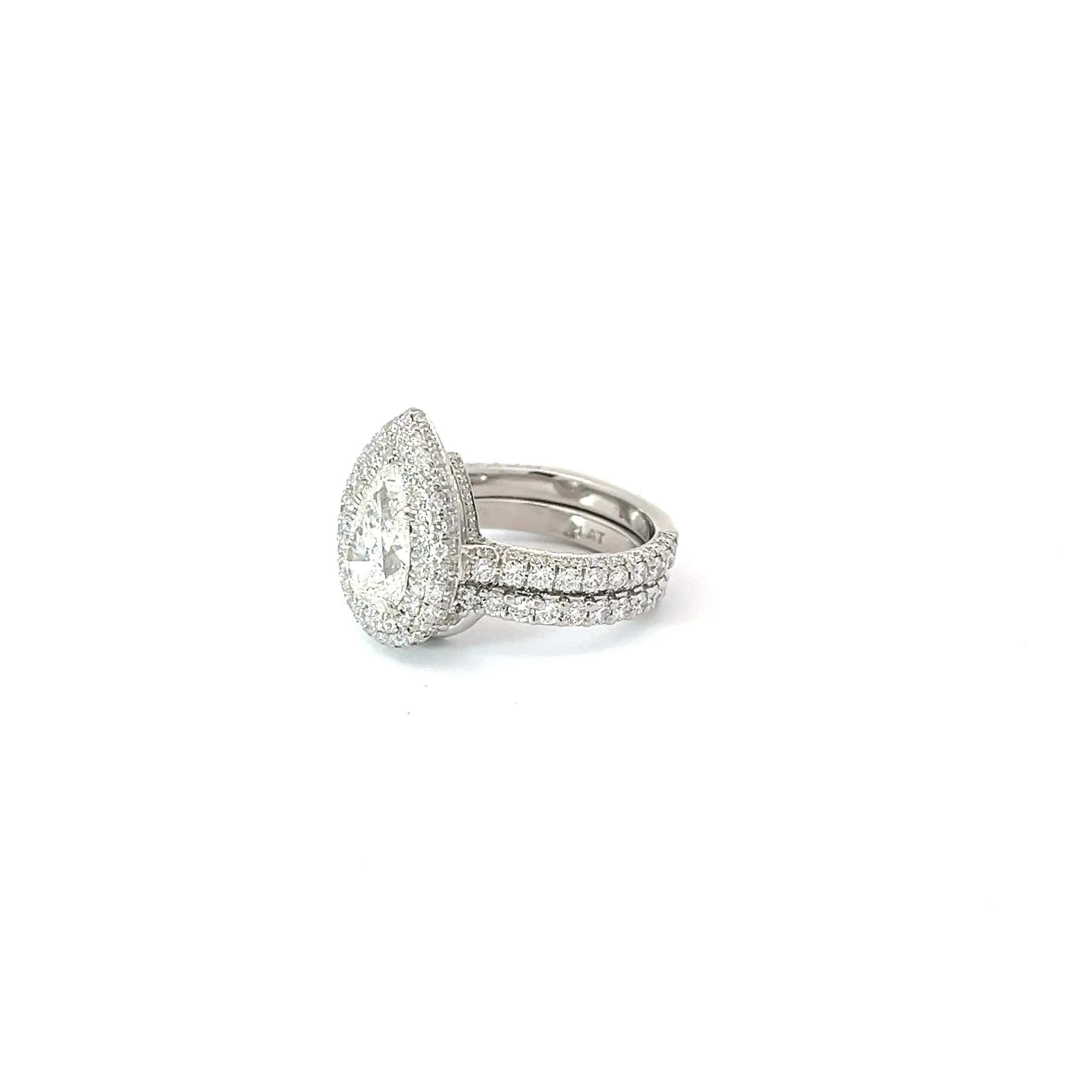 Platinum 1.53ct H VS2 Pear Shape Diamond/2.00ct E VS2 Micro Double Halo and Matching Wedding Bands Certified By GIA #6291807197