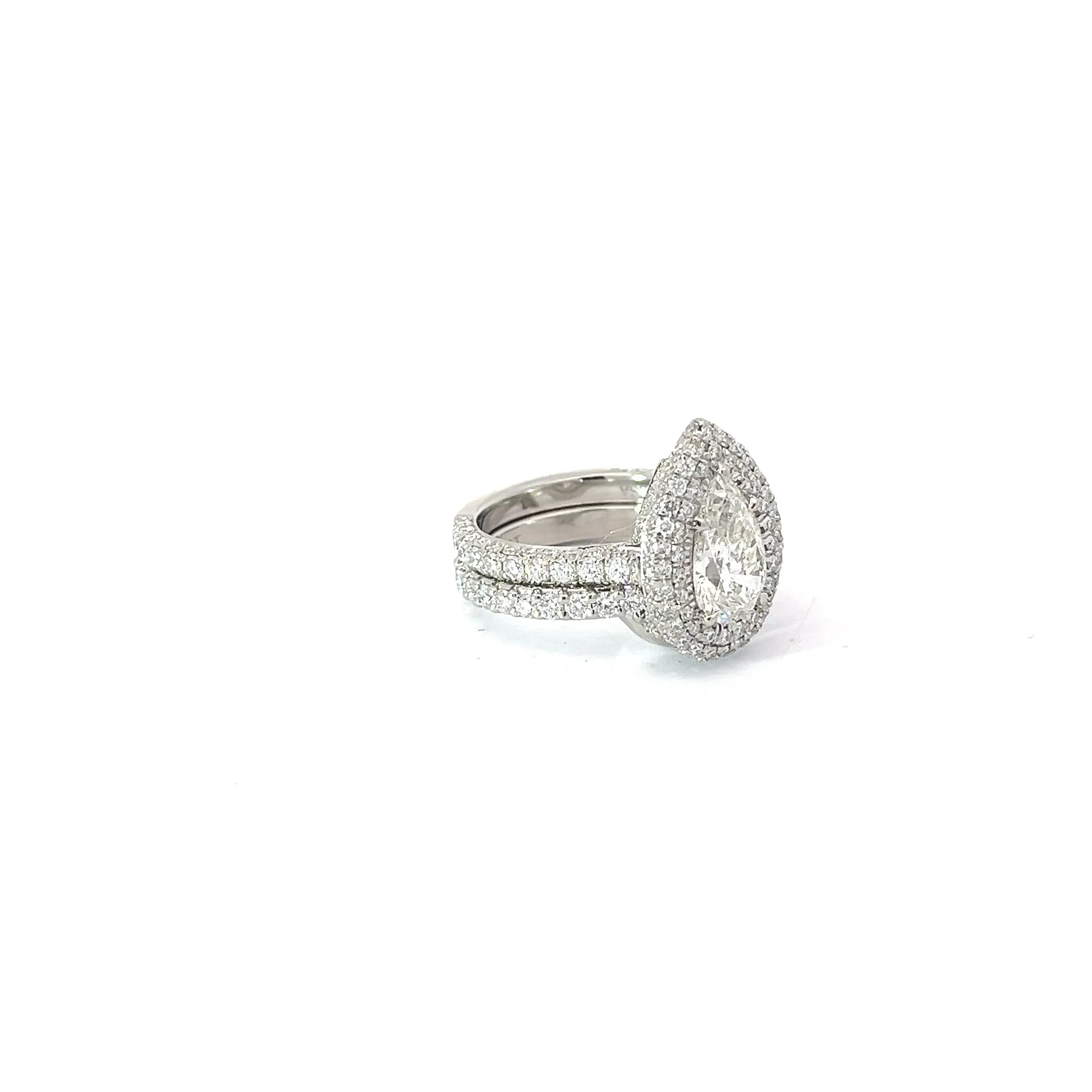 Platinum 1.53ct H VS2 Pear Shape Diamond/2.00ct E VS2 Micro Double Halo and Matching Wedding Bands Certified By GIA #6291807197