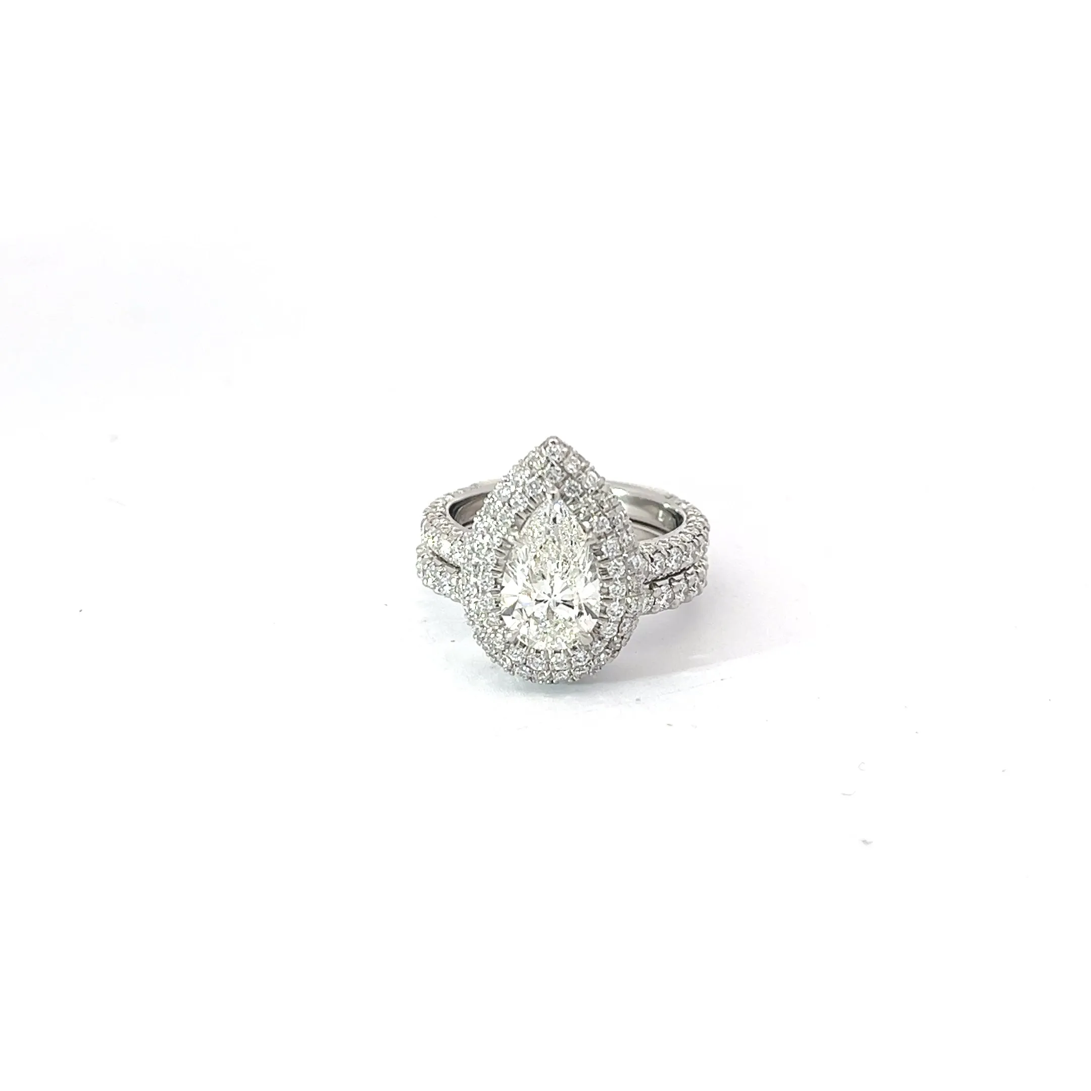 Platinum 1.53ct H VS2 Pear Shape Diamond/2.00ct E VS2 Micro Double Halo and Matching Wedding Bands Certified By GIA #6291807197