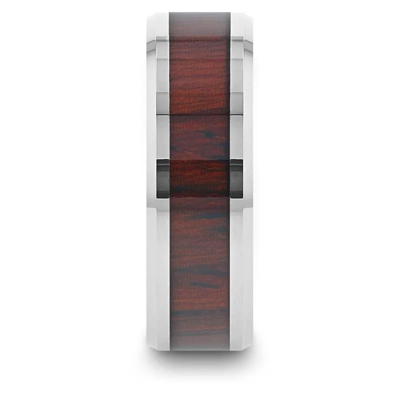 PRESLEY | Silver Tungsten Ring. Cocobolo Wood Inlay, Beveled