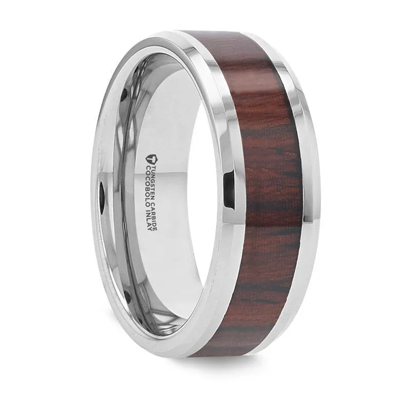 PRESLEY | Silver Tungsten Ring. Cocobolo Wood Inlay, Beveled