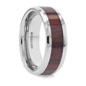 PRESLEY | Silver Tungsten Ring. Cocobolo Wood Inlay, Beveled