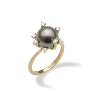 Protea Tahitian Black Pearl Ring in Gold with Diamonds - 10-11mm