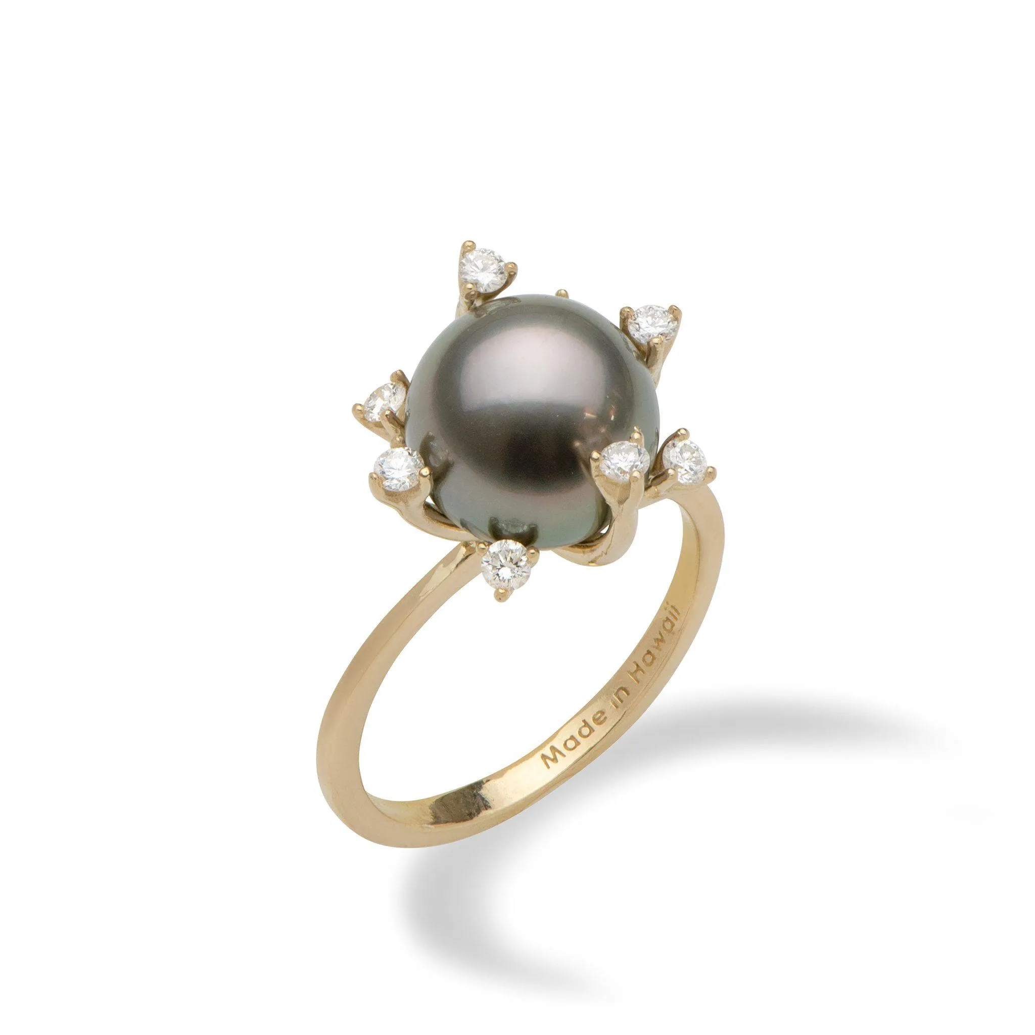 Protea Tahitian Black Pearl Ring in Gold with Diamonds - 10-11mm