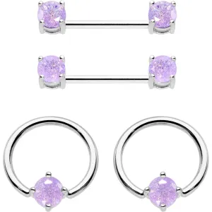 Purple CZ Gem Captive Ring Straight Barbell Nipple Ring Set
