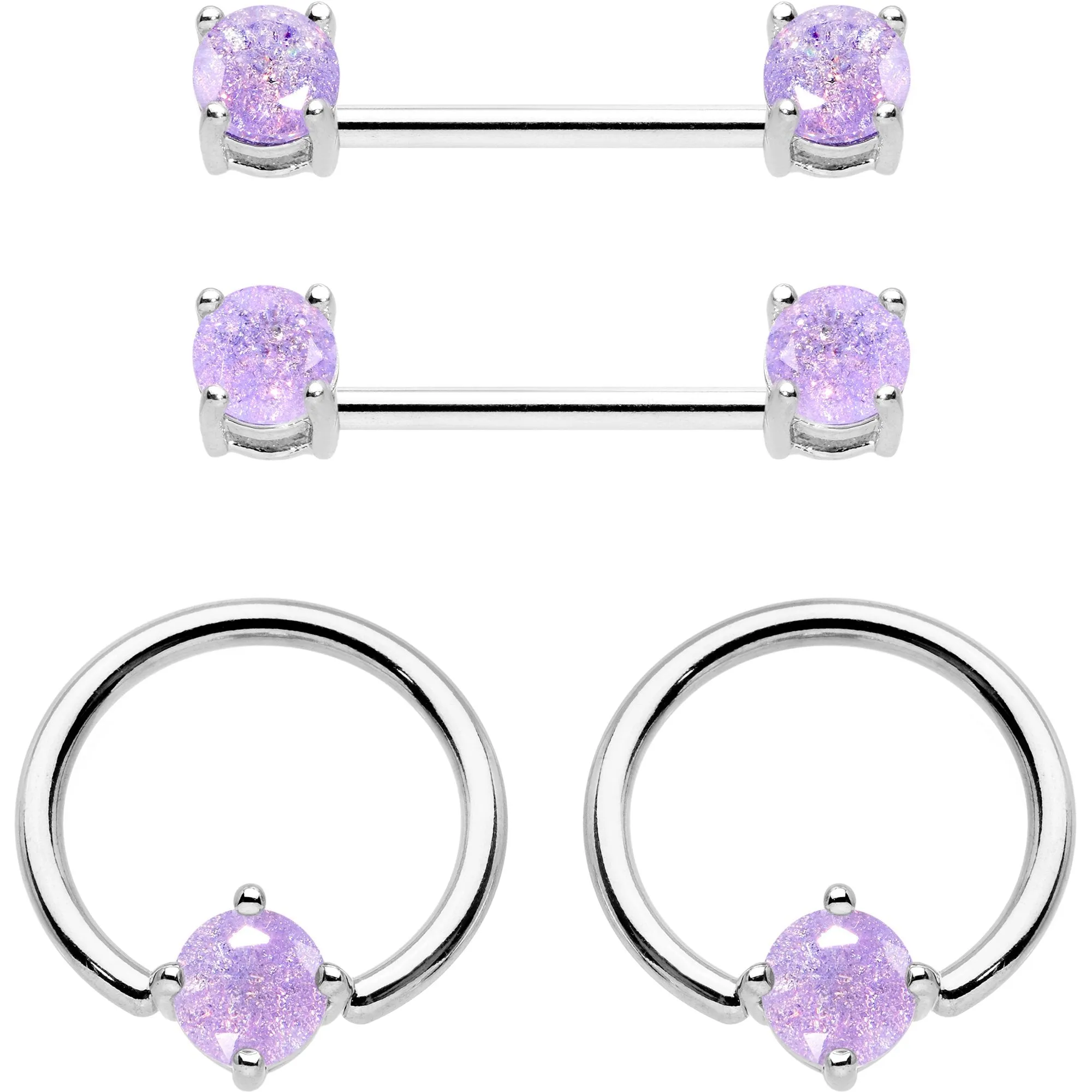 Purple CZ Gem Captive Ring Straight Barbell Nipple Ring Set