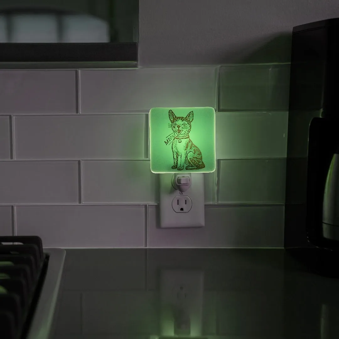 Retro Cat “Meow" Night Light - Aqua and Ivory Glass