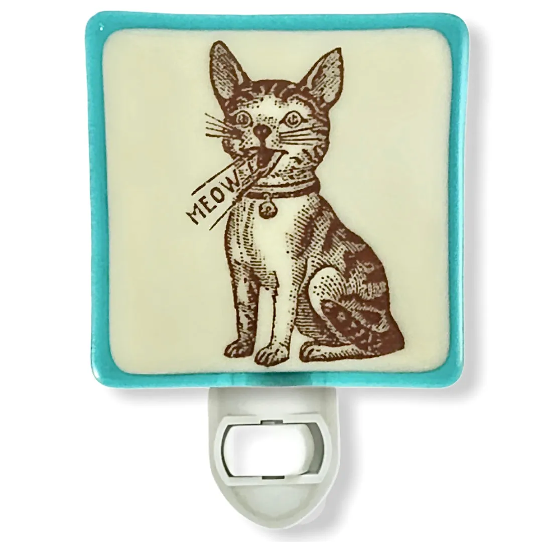 Retro Cat “Meow" Night Light - Aqua and Ivory Glass