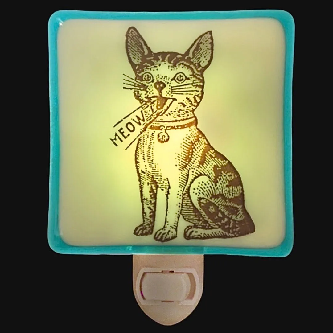 Retro Cat “Meow" Night Light - Aqua and Ivory Glass