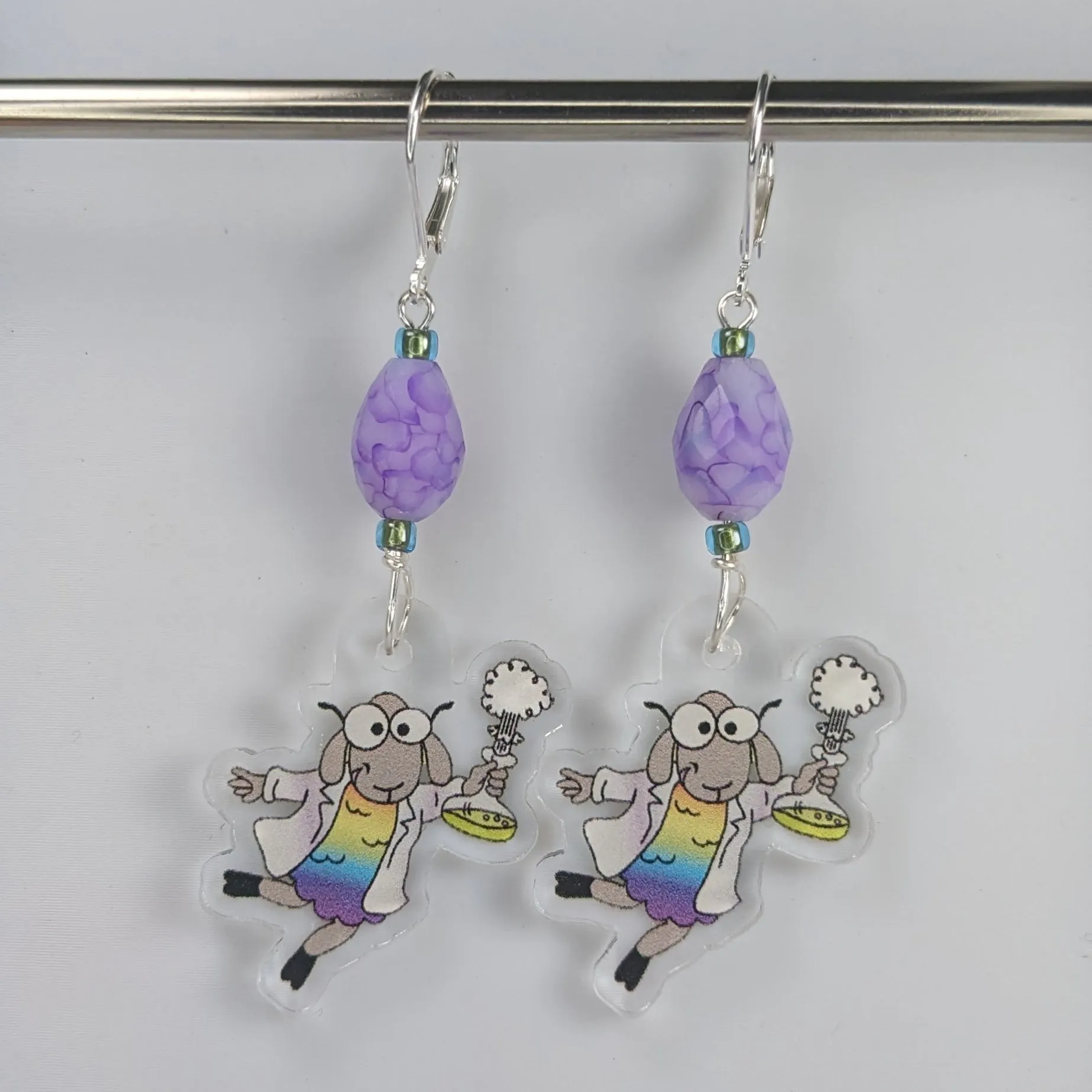 Sally the Science Sheep Acrylic Stitch Markers & Earrings