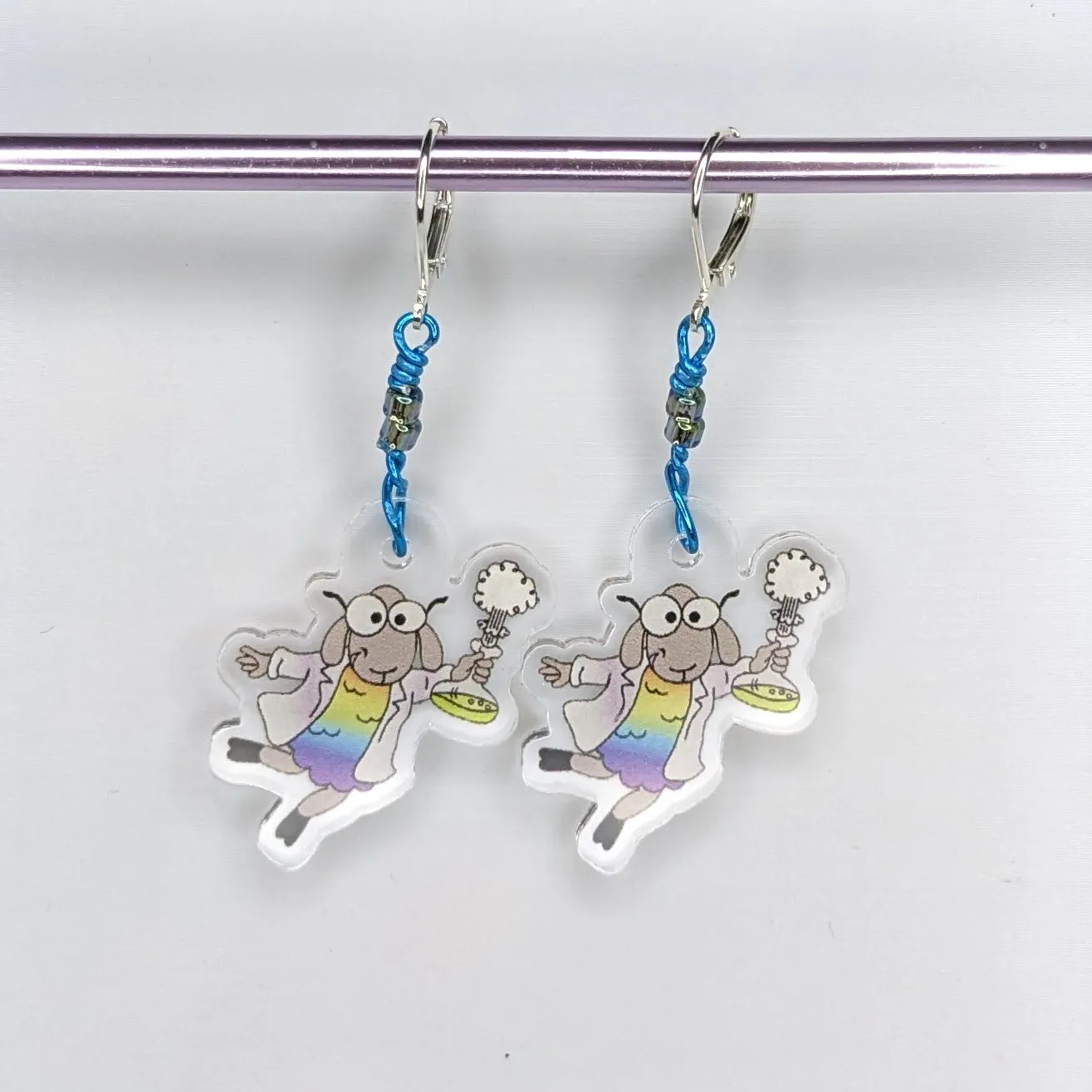 Sally the Science Sheep Acrylic Stitch Markers & Earrings