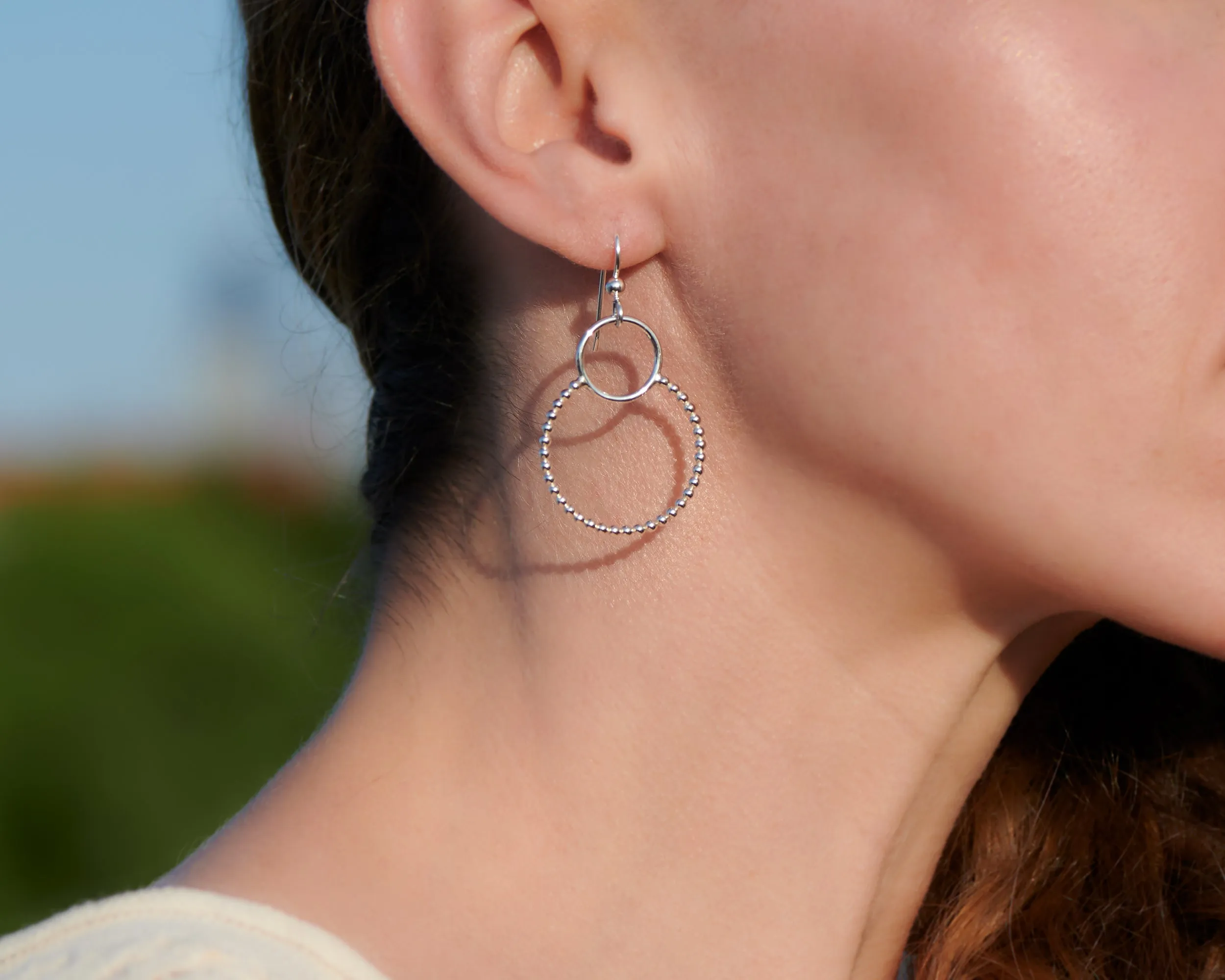 Silver Beaded Circles Hoop Earrings