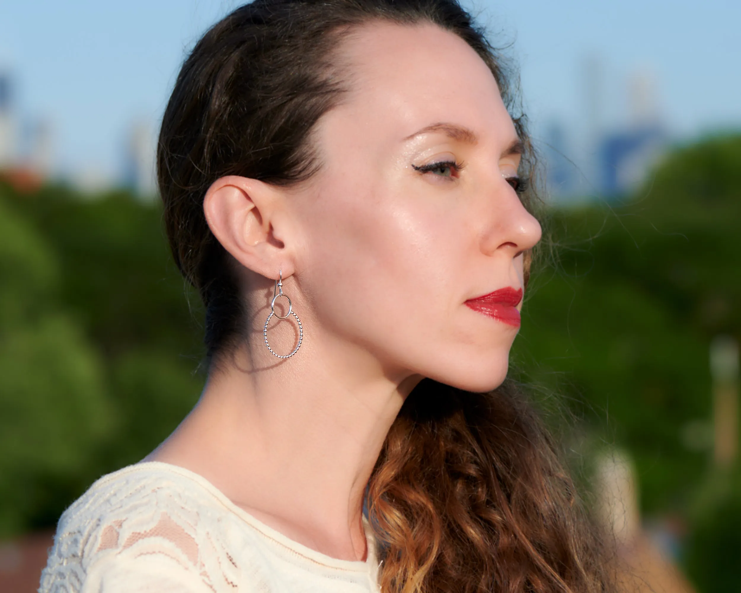 Silver Beaded Circles Hoop Earrings