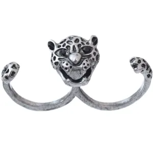 Silver Black Cheetah Face Double Cuff Finger Ring