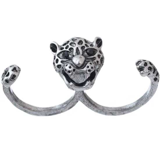 Silver Black Cheetah Face Double Cuff Finger Ring