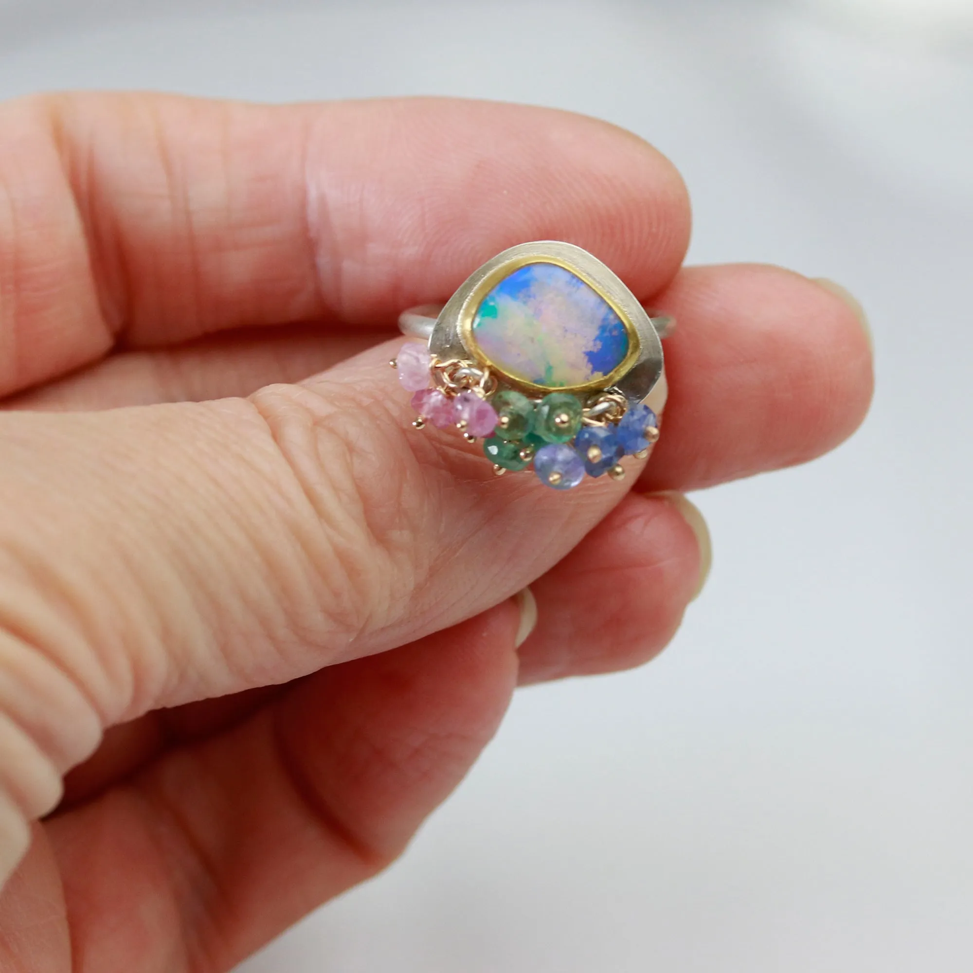 SOLD! Mermaid Shades Boulder Opal Ring with Fringe. Size 6.