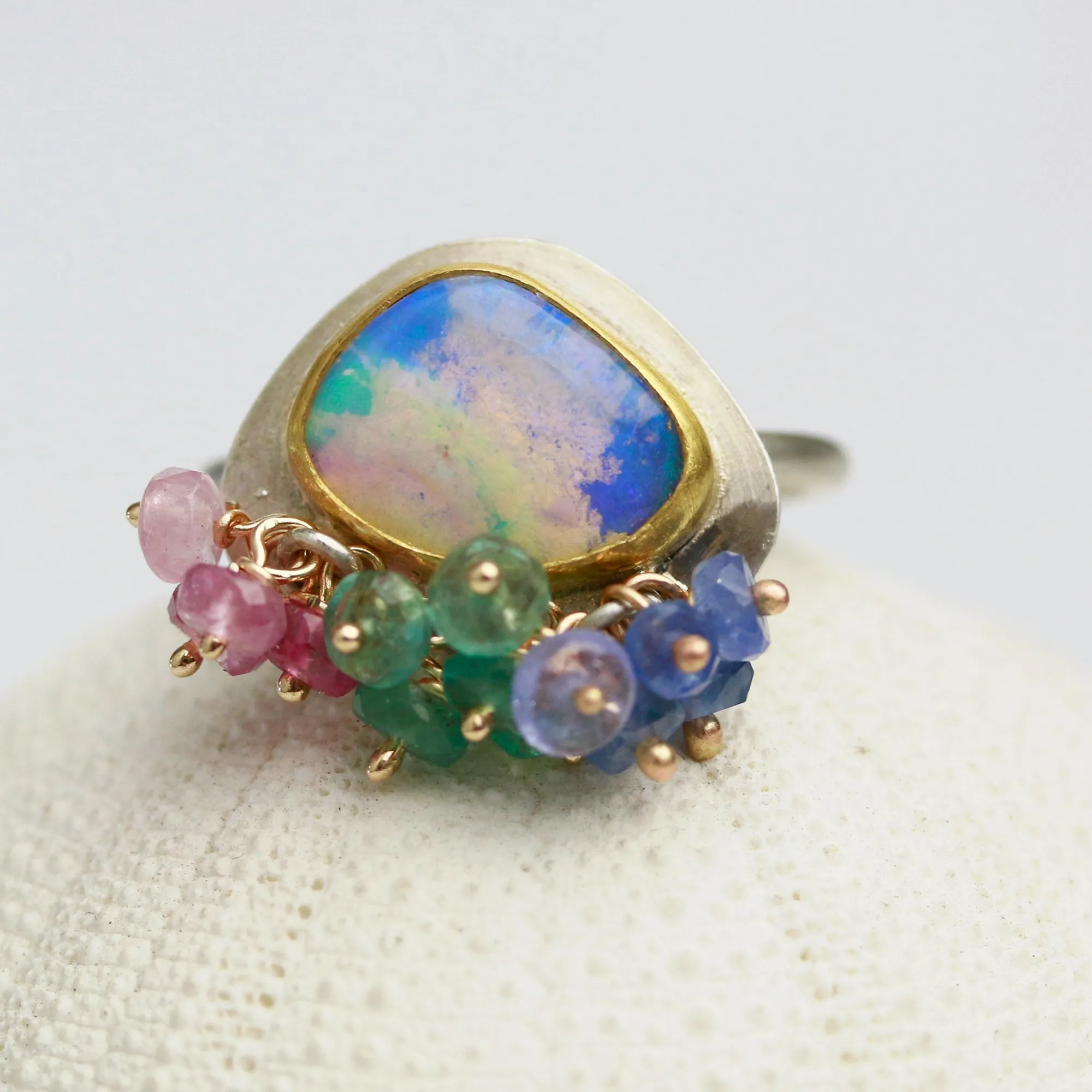 SOLD! Mermaid Shades Boulder Opal Ring with Fringe. Size 6.