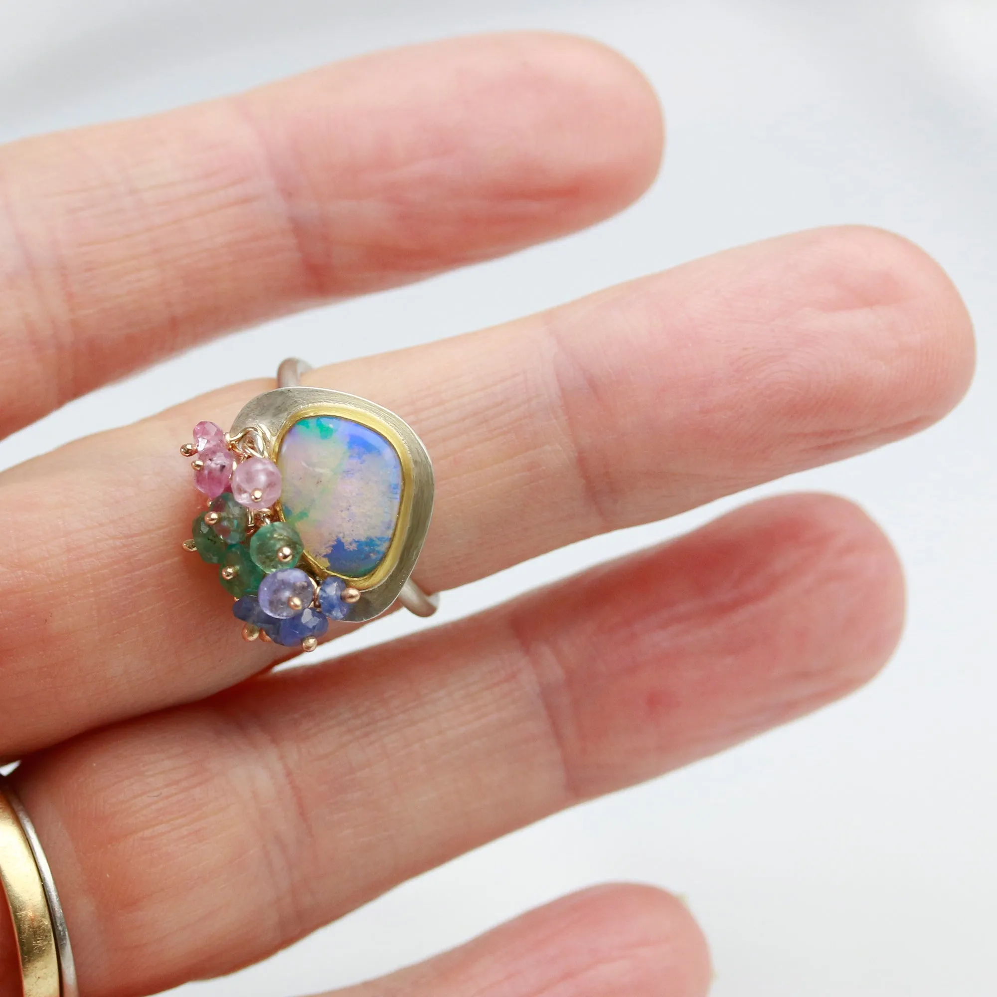 SOLD! Mermaid Shades Boulder Opal Ring with Fringe. Size 6.