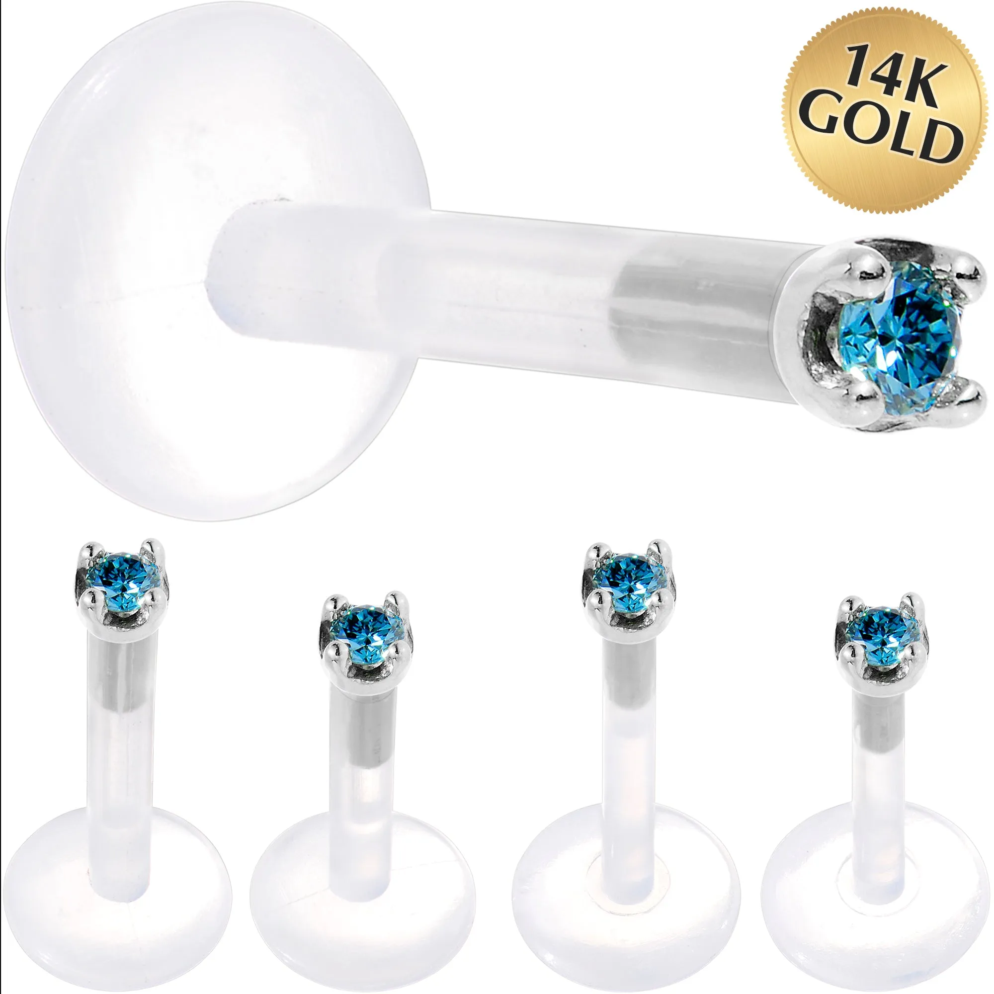 Solid 14KT White Gold 1.5mm Genuine Blue Diamond Bioplast Push in Labret