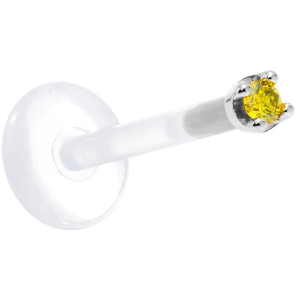 Solid 14KT White Gold 1.5mm Genuine Yellow Diamond Bioplast Push in Labret