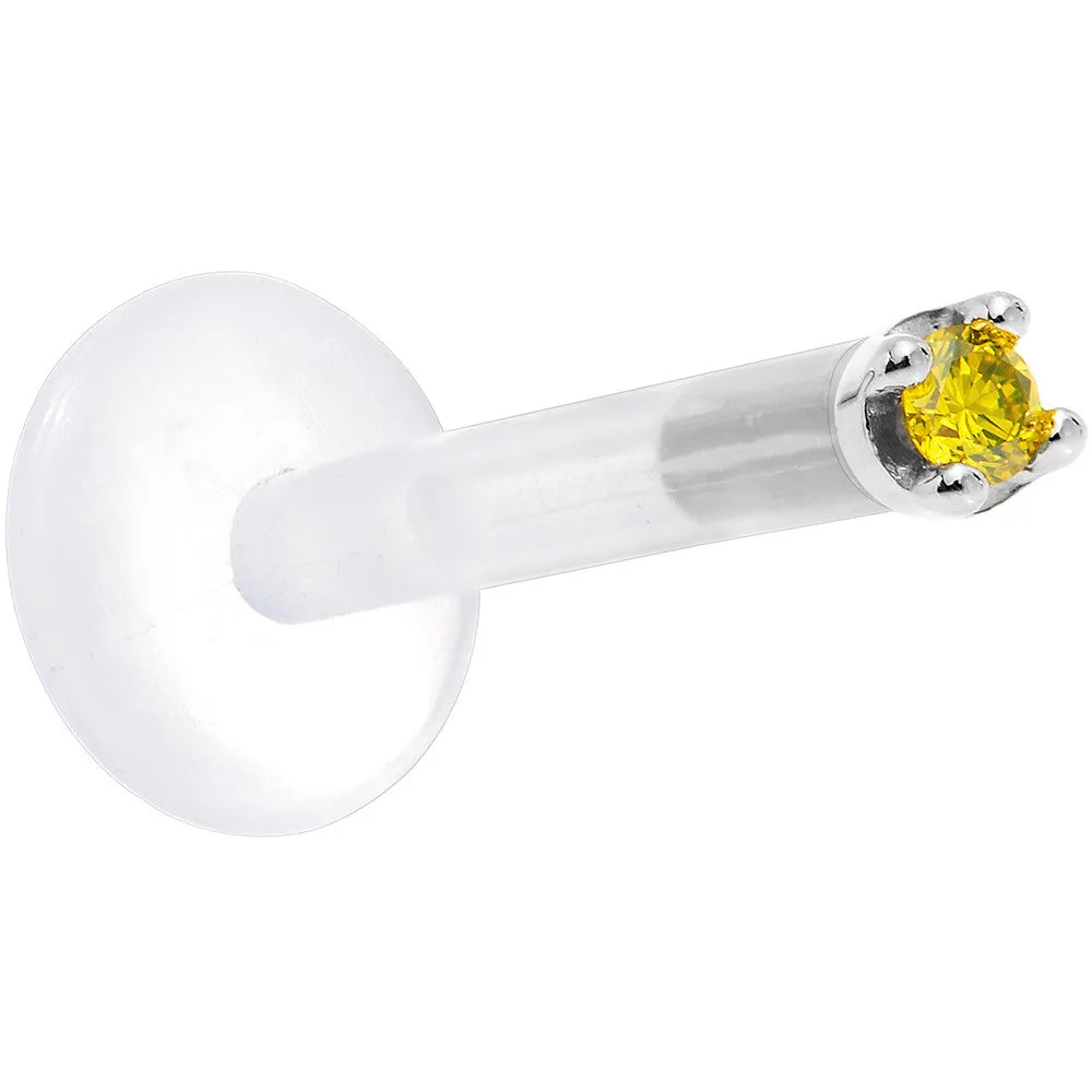 Solid 14KT White Gold 1.5mm Genuine Yellow Diamond Bioplast Push in Labret