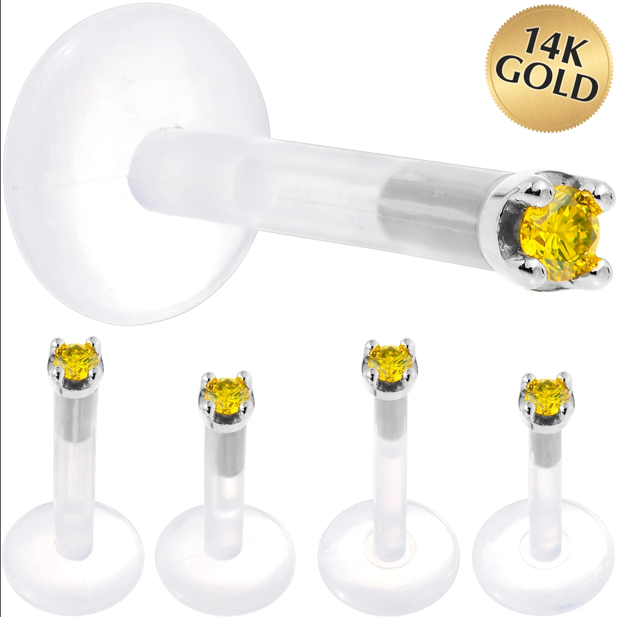 Solid 14KT White Gold 1.5mm Genuine Yellow Diamond Bioplast Push in Labret