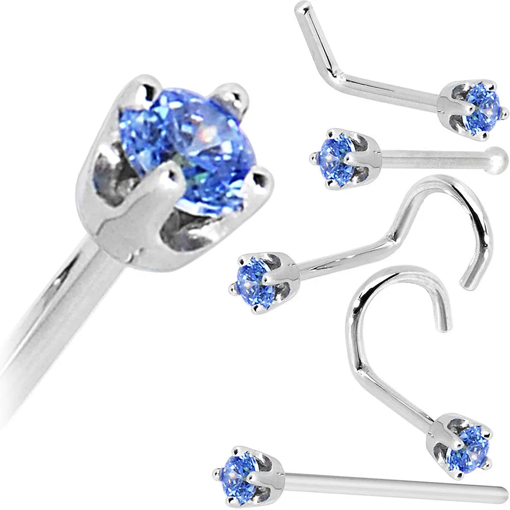 Solid 14KT White Gold 2mm Arctic Blue Cubic Zirconia Nose Ring