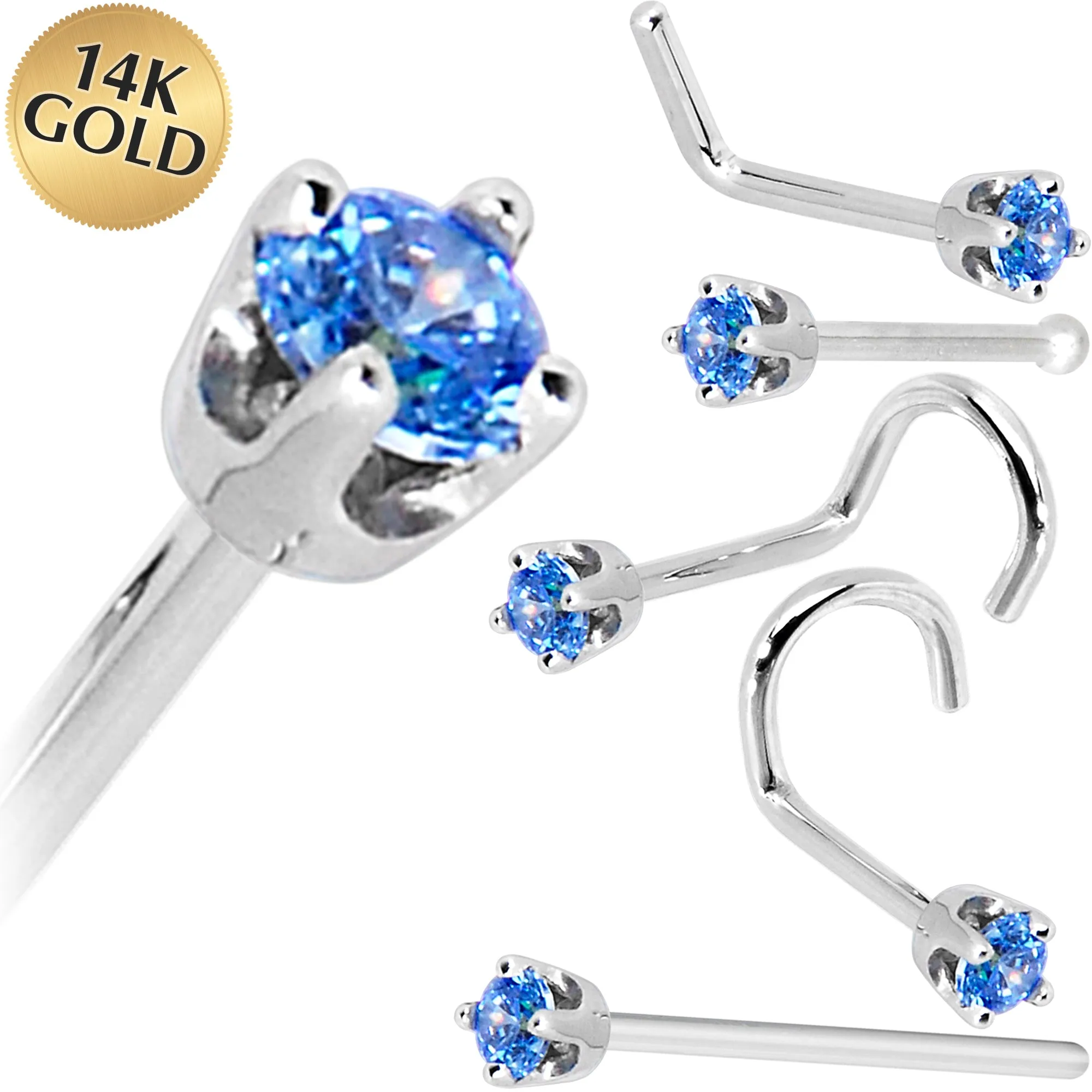 Solid 14KT White Gold 2mm Arctic Blue Cubic Zirconia Nose Ring